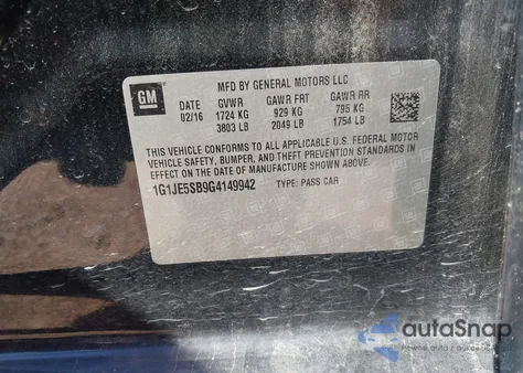 2016 Chevrolet Sonic Ltz Auto z USA, uszkodzony, nr VIN 1G1JE5SB9G4149942